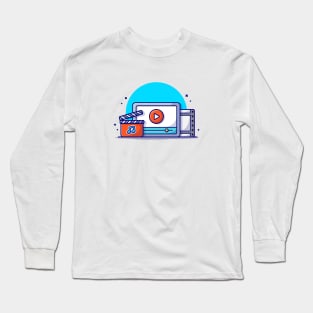 Streaming Music Video with Play Button and Note of Music Cartoon Vector Icon Illustration (2) Long Sleeve T-Shirt